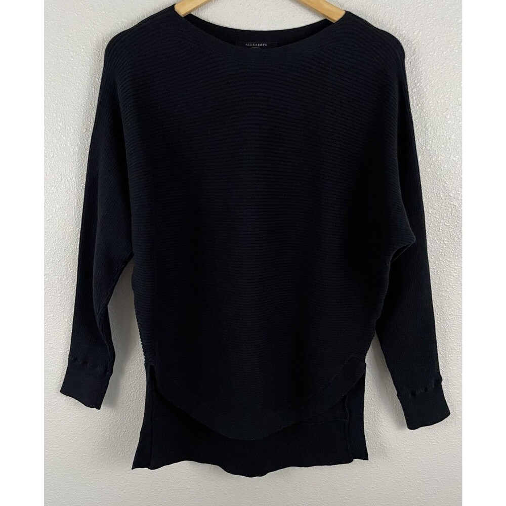 Allsaints Womens S Black Ribbed Texture Long Sleeve Esia Jumper Sweater Cotton